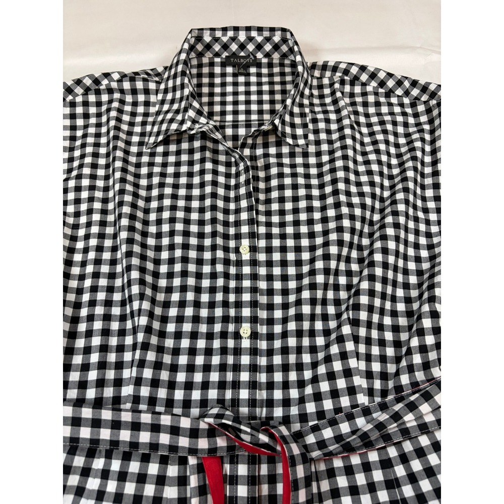 Talbots Black White Gingham Cotton Shirt Dress Midi Belted Short Sleeve Size 6 - Picture 9 of 11